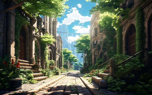 Lively Anime Setting A Town Street Surrounded by Beautiful Green Scenery Generated by Ai