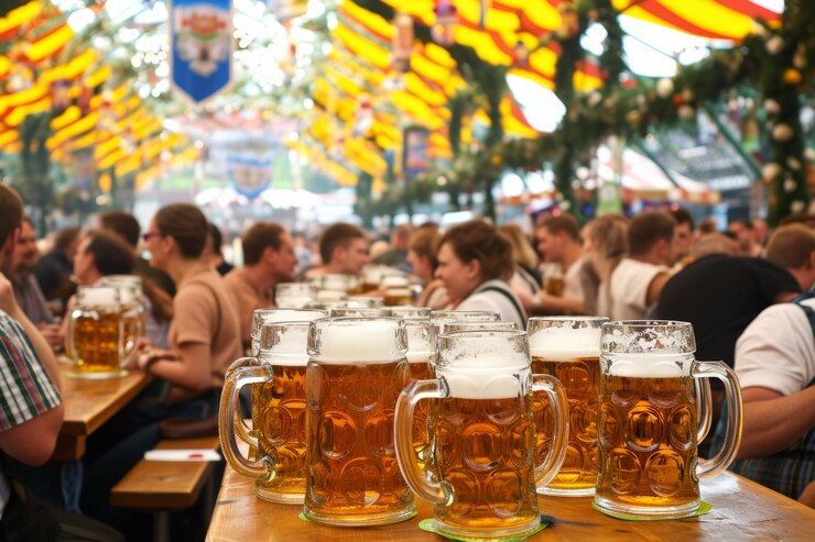Photo lively atmosphere of oktoberfest overflowing beer mugs joyous people and vibrant tent