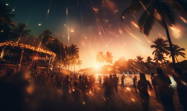 Lively Beach Party with Blurred Revelers Generative AI