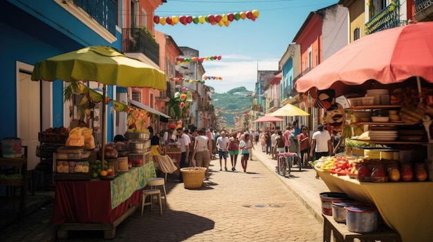 アカラジェやエキゾチックなカイピリーニャが並ぶ活気のあるブラジルのカーニバル通り