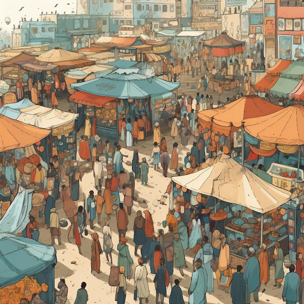 Оживленный шумный рынок или уличная сцена с чувством общности и связи
