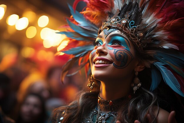 At the lively Carnival masks feathers and dancers create a whirlwind of color generative IA