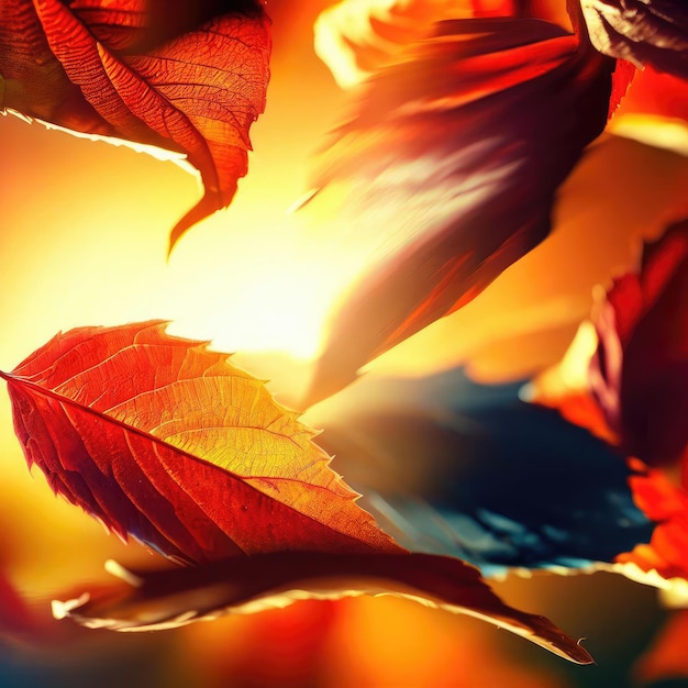 Lively closeup of falling autumn leaves with vibrant backlight from the setting sun