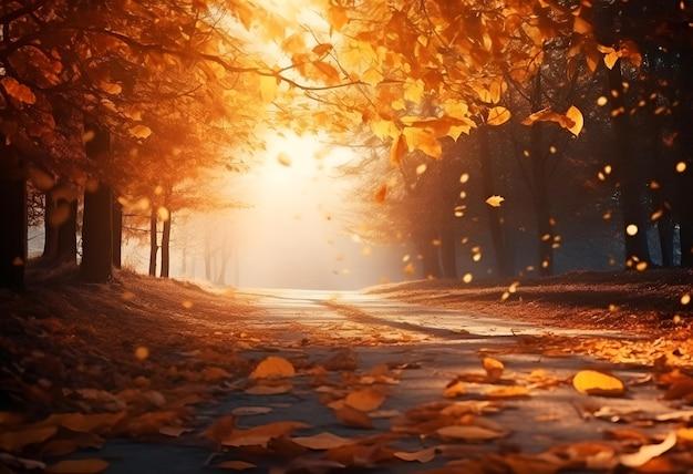 Lively closeup of falling yellow autumn leaves trees with vibrant backlight from setting sun Beautiful landscape colorful foliage in autumnal park fall Natural background High quality photo