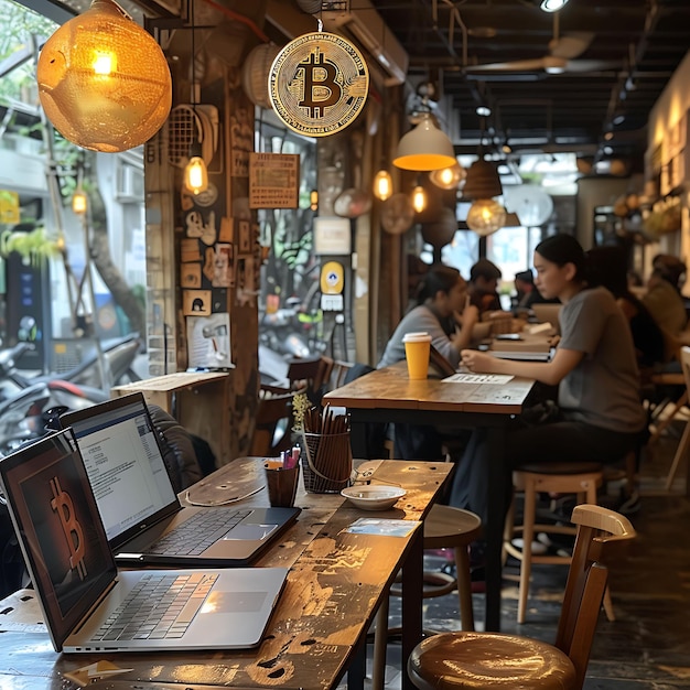 活気のあるコーヒーショップで,ビットコインを議論する顧客とL Cryptoコンセプトのトレンドバックグラウンド写真