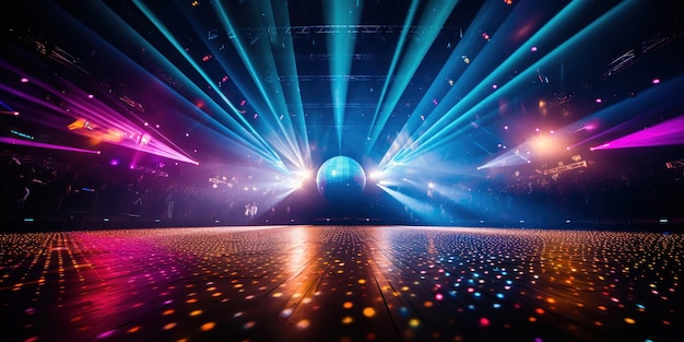 A lively concert area with shining lights and a mirror ball
