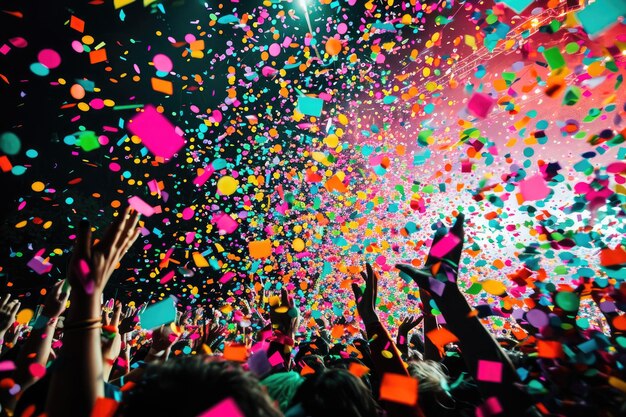 Photo a lively concert scene with a large gathering of excited people as confetti fills the air colorful confetti falling over a joyful crowd ai generated