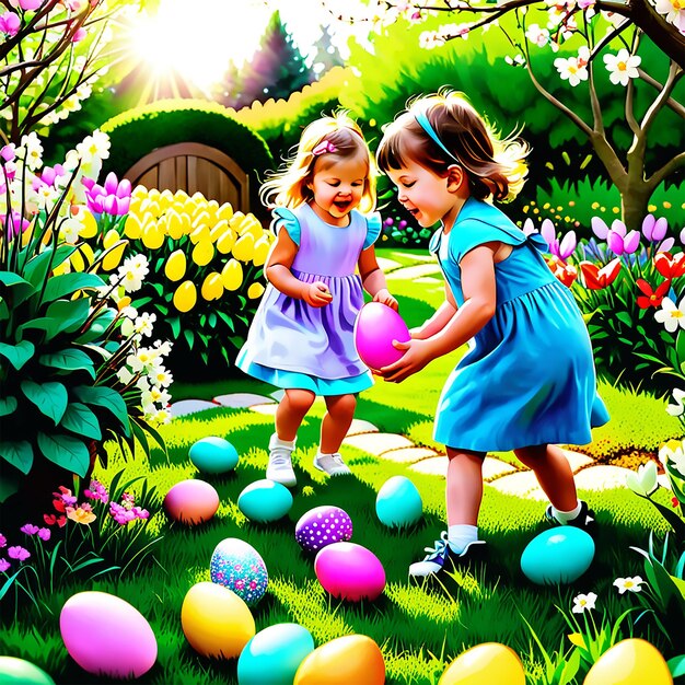 a lively easter egg hunt in a blooming garden with children searching for colorful eggs among flowe