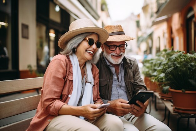 A lively elderly couple enjoying while decked out in cheerful clothing sun hats and sunglasses