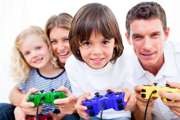 Lively family playing video game 