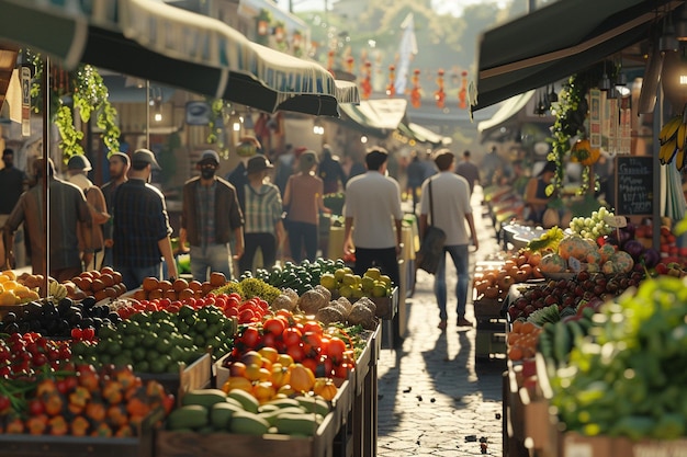 Foto un vivace mercato agricolo con folle affollate