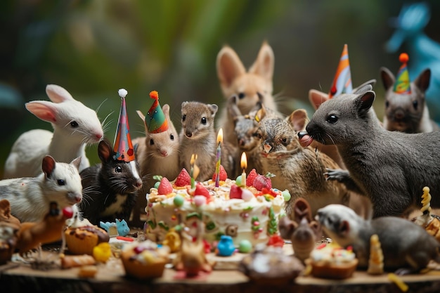 장난감 동물의 활기찬 모임은 축하를 위해 준비된 생일 케이크를 둘러싸고 있습니다.