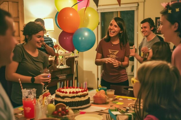 Photo a lively gathering with balloons cake and smiles all around