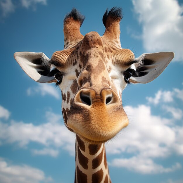 Photo lively giraffe in blue sky with expressive facial features