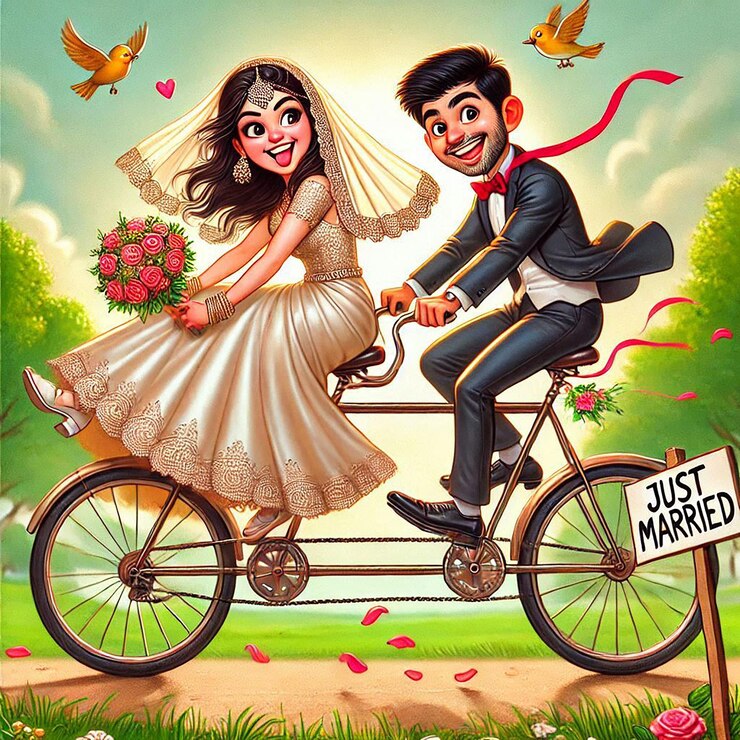 फोटो a lively and humorous indian wedding caricature showcasing the bride and groom riding a bicycle