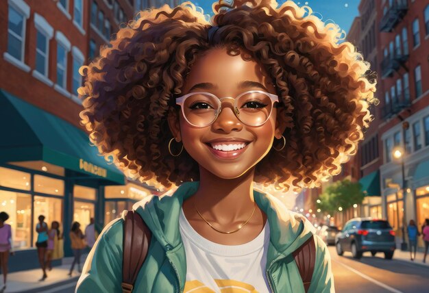 A lively illustration of a young African American girl with curly hair and glasses