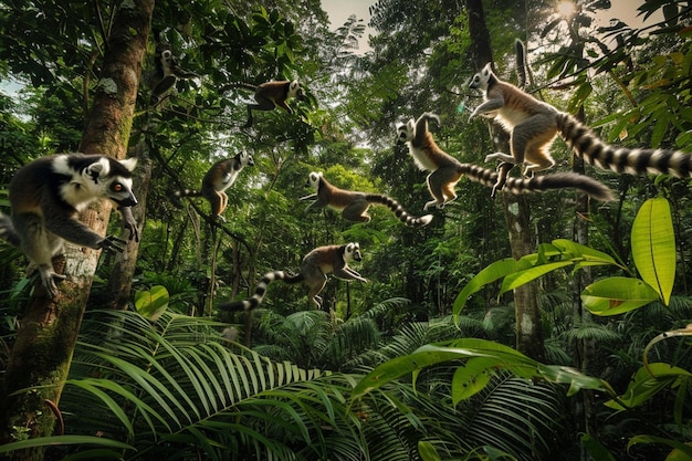 A lively image capturing a group of lemurs leaping generative ai