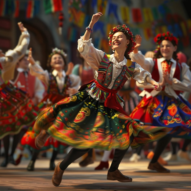 Foto scena vivace del festival di danza popolare lettone con costumi colorati