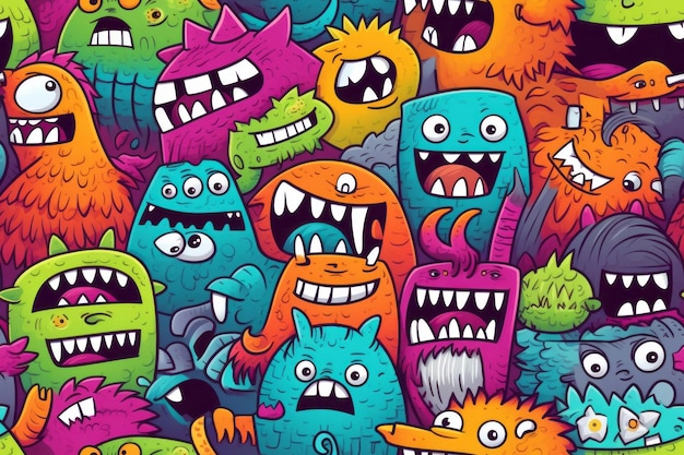 Photo lively monsters in a seamless pattern perfect for a funloving atmosphere generative ai