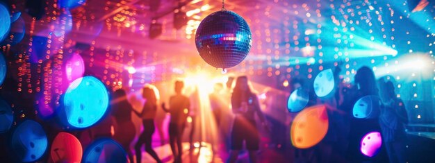Foto un vivace nightclub con luci vibranti e persone che ballano sotto la palla disco che creano un'atmosfera energetica