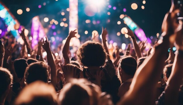 Foto un vivace festival musicale all'aperto con una folla di danzatori sul palco e luci colorate di alto dettaglio