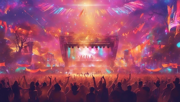 A lively outdoor music festival with a stage dancing crowds and colorful lights high detail