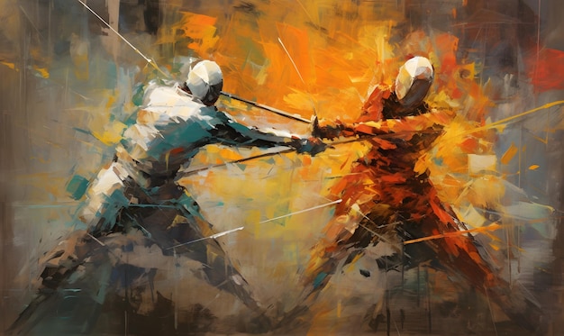 A lively painting that accurately depicts the quickness and dexterity of dueling fencers