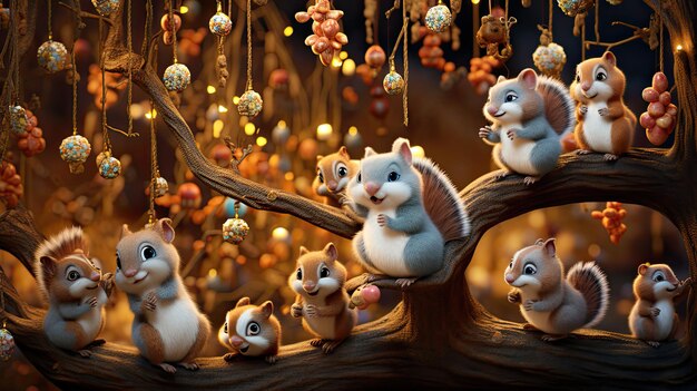 Photo a lively pattern of mischievous squirrels and birds decorating a tree with acorn ornaments and stran...