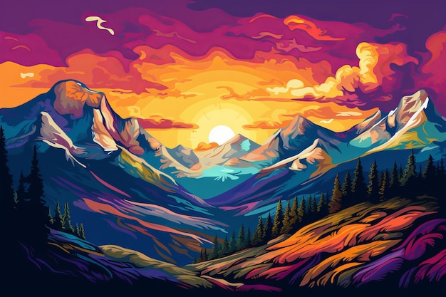 Оживленный горный пейзаж в стиле поп-арт, яркий и красочный пейзаж, созданный с помощью генеративного искусственного интеллекта.