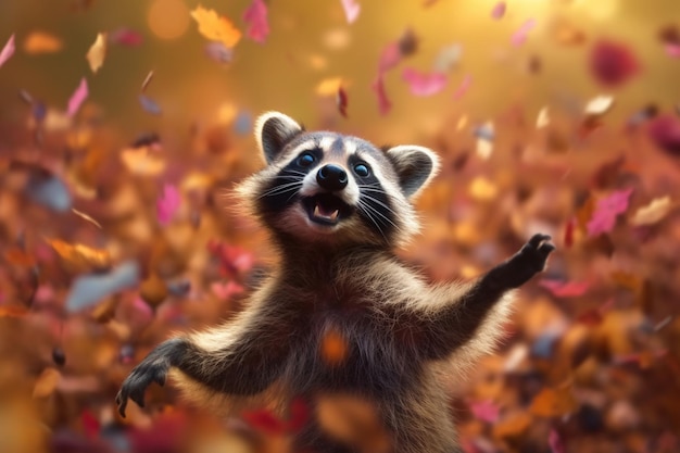 Lively raccoon enjoys playful moments in a vibrant pile of autumn leaves AI generated