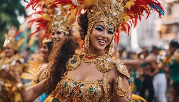 A lively Rio Carnival parade with elaborate floats dazzling costumes and rhythmic dancing