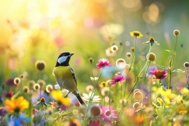 a lively scene of a great tit flitting among wildflowers in a sunny meadow