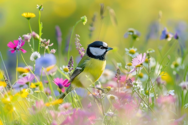 a lively scene of a great tit flitting among wildflowers in a sunny meadow