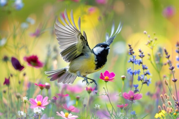 a lively scene of a great tit flitting among wildflowers in a sunny meadow