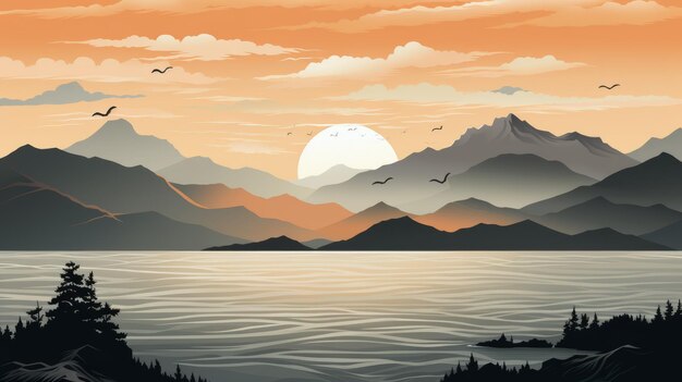 Lively Seascapes Detailed Earth Tone Landscape Illustrations With Sunset Mountains And Birds