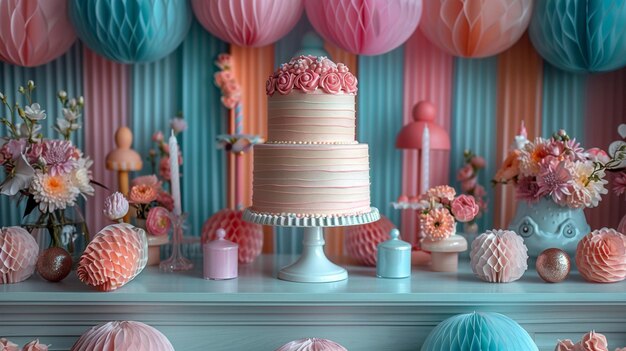 Photo a lively setting with pastel rainbowcolored wallpaper