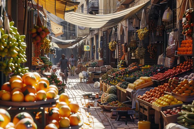 A lively street market with vendors selling exotic