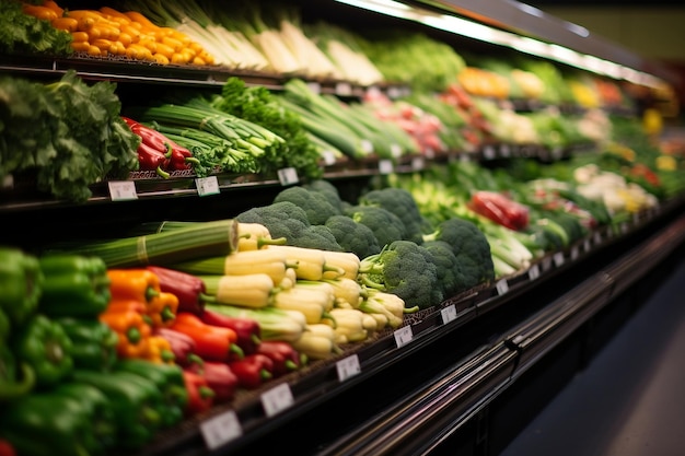 Lively Supermarket Aisle Bursting with Fresh Produce Variety AI