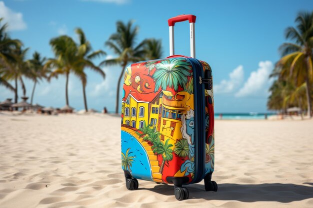 Lively travel suitcase with wheels on beach perfect for tourism and travel concepts
