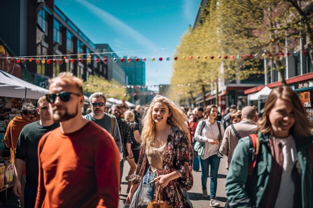 Photo lively urban street market scene with diverse shoppers under string lights