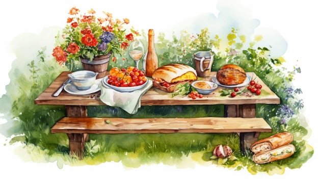 빵과 꽃이 있는 피크닉 테이블의 생생한 수채화
