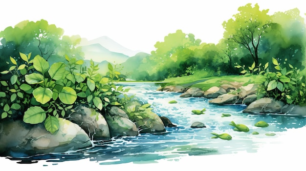 Lively Watercolor Illustration Of Stream And Trees