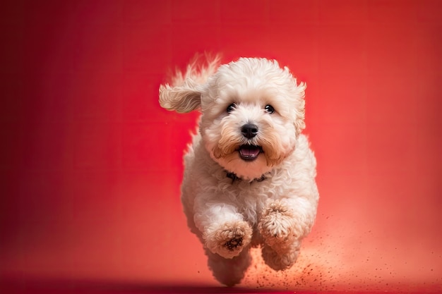 Foto vivace cane bianco che corre su uno sfondo rosso vibrante ia generativa