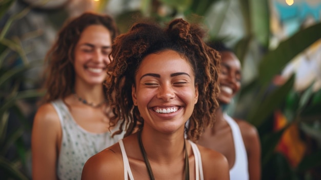 Lively Women Posing in a Yoga Studio Generative AI