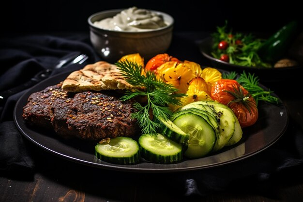 Photo liver kebab with hummus pickles vegetables rice side view