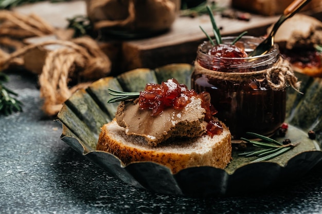 Liver pate with onion marmalade jam confiture Fresh homemade chicken liver pate with greens Restaurant menu dieting cookbook recipe