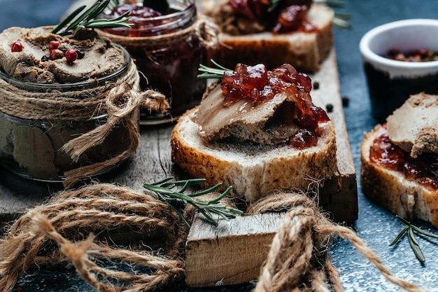 Liver pate with onion marmalade jam confiture Fresh homemade chicken liver pate with greens Restaurant menu dieting cookbook recipe