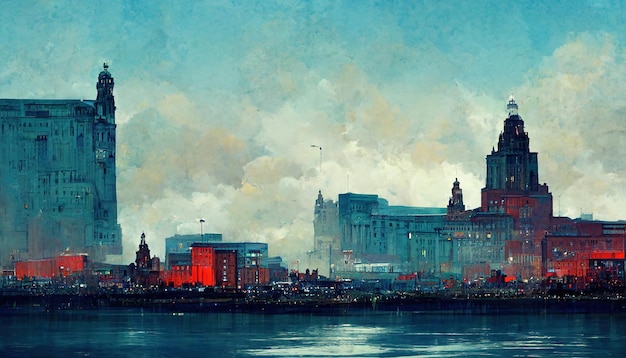 Liverpool city skyline Liverpool painting illustration art