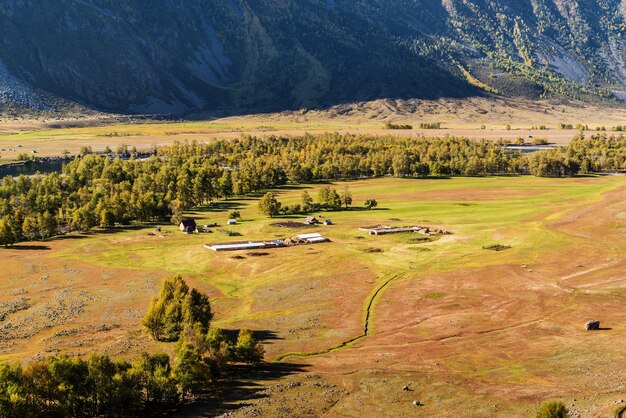 Livestock farm in river valley. Russia, Altai, Chulyshman Valley, tract Akkurum