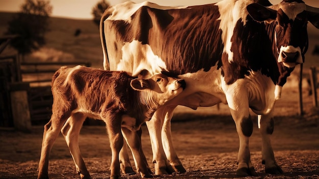 Photo livestock ox calf suckling on the teat